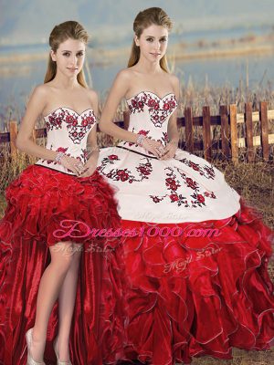 On Sale Sleeveless Floor Length Embroidery and Ruffles and Bowknot Lace Up Quinceanera Gowns with White And Red