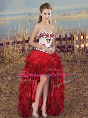 On Sale Sleeveless Floor Length Embroidery and Ruffles and Bowknot Lace Up Quinceanera Gowns with White And Red