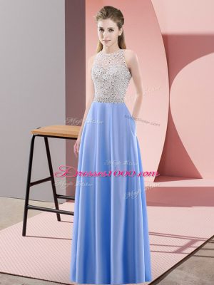 Floor Length Blue Prom Dresses Satin Sleeveless Beading