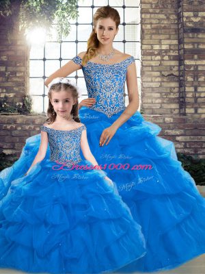 Beautiful Beading and Pick Ups Sweet 16 Dress Blue Lace Up Sleeveless Brush Train