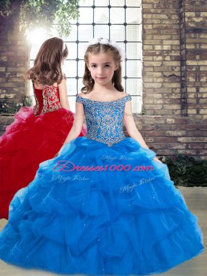 Beautiful Beading and Pick Ups Sweet 16 Dress Blue Lace Up Sleeveless Brush Train