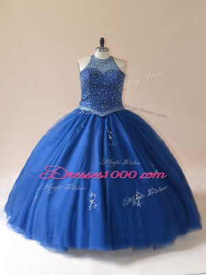 Unique Beading Quince Ball Gowns Blue Lace Up Sleeveless Floor Length