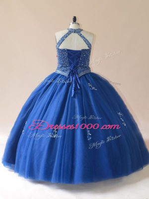 Unique Beading Quince Ball Gowns Blue Lace Up Sleeveless Floor Length