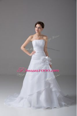 Romantic Sleeveless Brush Train Hand Made Flower Lace Up Wedding Gown