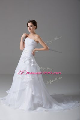 Romantic Sleeveless Brush Train Hand Made Flower Lace Up Wedding Gown