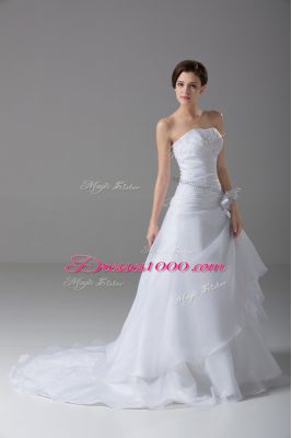 Romantic Sleeveless Brush Train Hand Made Flower Lace Up Wedding Gown