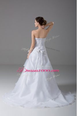 Romantic Sleeveless Brush Train Hand Made Flower Lace Up Wedding Gown