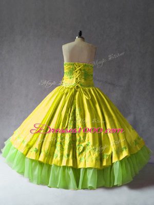 Low Price Yellow Satin and Organza Lace Up Sweetheart Sleeveless Floor Length Quince Ball Gowns Embroidery