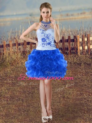 Flirting Blue And White Sleeveless Mini Length Beading and Embroidery and Ruffles Lace Up Party Dresses