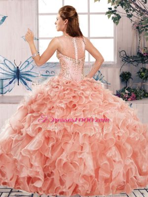 Great Watermelon Red Ball Gowns Beading and Ruffles Ball Gown Prom Dress Clasp Handle Organza Sleeveless Floor Length