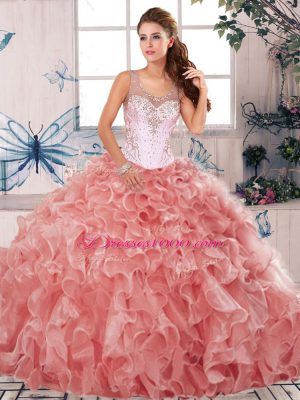 Great Watermelon Red Ball Gowns Beading and Ruffles Ball Gown Prom Dress Clasp Handle Organza Sleeveless Floor Length