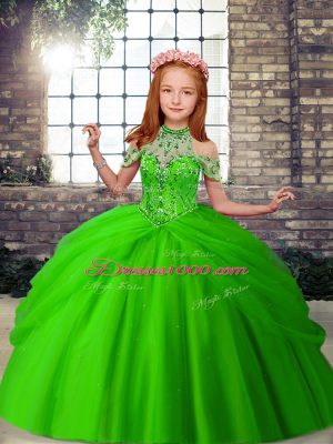 Sleeveless Floor Length Beading Lace Up Pageant Gowns with Green