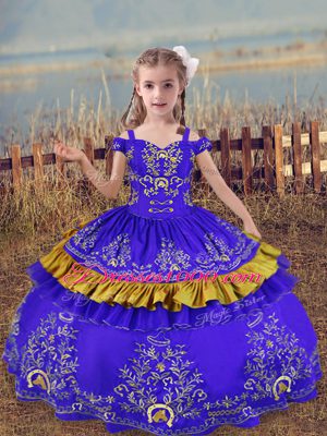 Off The Shoulder Sleeveless Lace Up Party Dress for Toddlers Blue Satin