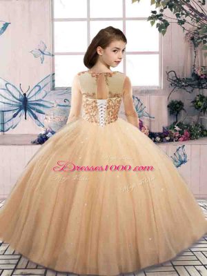 Glorious Yellow Green Tulle Lace Up Scoop Sleeveless Floor Length Pageant Dress for Teens Beading