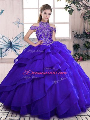 Gorgeous Blue Ball Gowns Beading and Ruffles Sweet 16 Dresses Lace Up Organza Sleeveless Floor Length