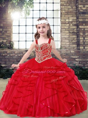 Floor Length Ball Gowns Sleeveless Red Little Girl Pageant Dress Lace Up