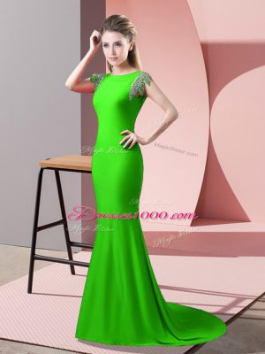 Short Sleeves Beading Backless Prom Gown with Brush Train