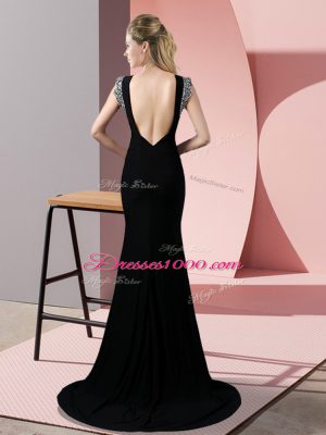 Short Sleeves Beading Backless Prom Gown with Brush Train