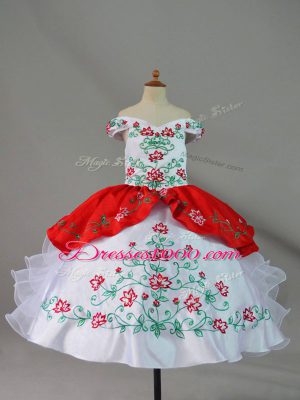 Off The Shoulder Sleeveless Satin and Organza Kids Formal Wear Embroidery and Ruffles Lace Up