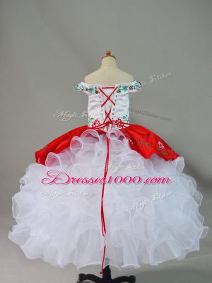 Off The Shoulder Sleeveless Satin and Organza Kids Formal Wear Embroidery and Ruffles Lace Up