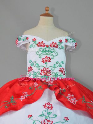 Off The Shoulder Sleeveless Satin and Organza Kids Formal Wear Embroidery and Ruffles Lace Up