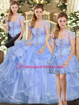 Smart Floor Length Lavender Quince Ball Gowns Organza Sleeveless Beading and Ruffles