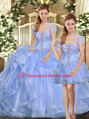 Smart Floor Length Lavender Quince Ball Gowns Organza Sleeveless Beading and Ruffles