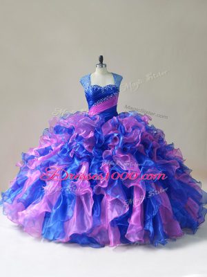 Straps Sleeveless 15th Birthday Dress Floor Length Beading and Ruffles Multi-color Organza