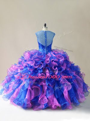 Straps Sleeveless 15th Birthday Dress Floor Length Beading and Ruffles Multi-color Organza