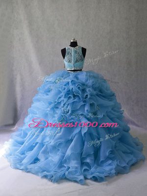 Blue Organza Zipper Scoop Sleeveless Ball Gown Prom Dress Brush Train Beading and Ruffles