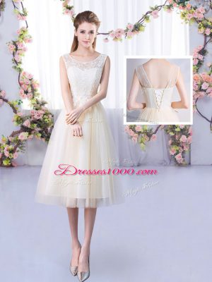 Fantastic Champagne Tulle Lace Up Quinceanera Court Dresses Sleeveless Tea Length Lace