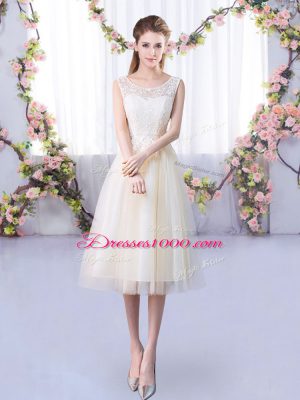 Fantastic Champagne Tulle Lace Up Quinceanera Court Dresses Sleeveless Tea Length Lace