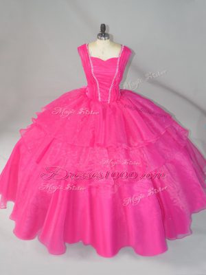Extravagant Hot Pink Ball Gowns Organza Straps Sleeveless Beading Floor Length Lace Up Quinceanera Gowns