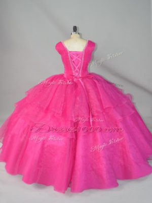 Extravagant Hot Pink Ball Gowns Organza Straps Sleeveless Beading Floor Length Lace Up Quinceanera Gowns