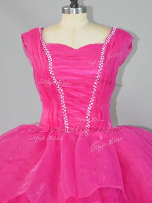 Extravagant Hot Pink Ball Gowns Organza Straps Sleeveless Beading Floor Length Lace Up Quinceanera Gowns