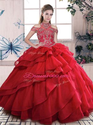 Elegant High-neck Sleeveless Lace Up Vestidos de Quinceanera Red Organza