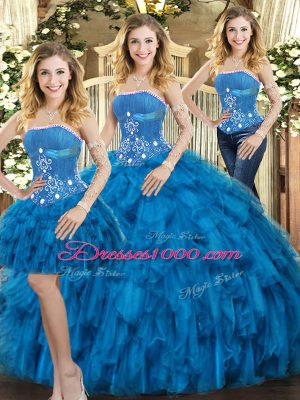 Pretty Floor Length Lace Up Quinceanera Dress Blue for Sweet 16 and Quinceanera with Beading and Ruffles