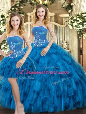 Pretty Floor Length Lace Up Quinceanera Dress Blue for Sweet 16 and Quinceanera with Beading and Ruffles