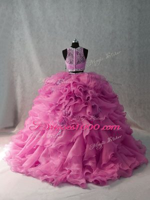 Organza Brush Train Sweet 16 Dresses in Pink with Beading and Ruffles