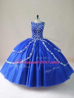 Royal Blue Ball Gowns Tulle Scoop Sleeveless Beading Floor Length Zipper Quinceanera Dress