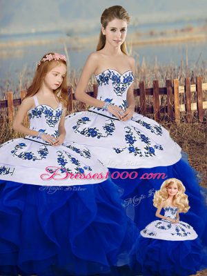 Custom Made Royal Blue Ball Gowns Sweetheart Sleeveless Tulle Floor Length Lace Up Embroidery and Ruffles and Bowknot Quinceanera Dress