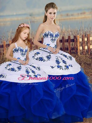 Custom Made Royal Blue Ball Gowns Sweetheart Sleeveless Tulle Floor Length Lace Up Embroidery and Ruffles and Bowknot Quinceanera Dress