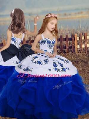 Custom Made Royal Blue Ball Gowns Sweetheart Sleeveless Tulle Floor Length Lace Up Embroidery and Ruffles and Bowknot Quinceanera Dress