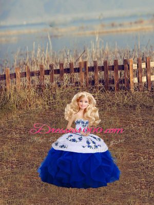 Custom Made Royal Blue Ball Gowns Sweetheart Sleeveless Tulle Floor Length Lace Up Embroidery and Ruffles and Bowknot Quinceanera Dress