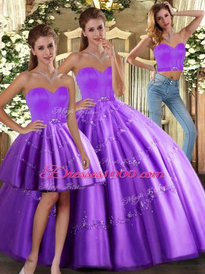 Sleeveless Floor Length Beading Lace Up Quince Ball Gowns with Purple