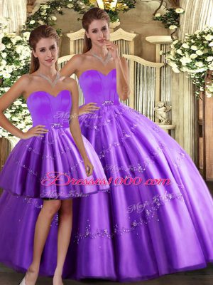 Sleeveless Floor Length Beading Lace Up Quince Ball Gowns with Purple