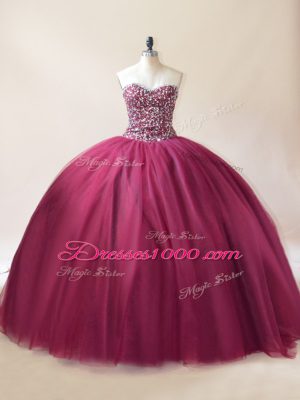 Burgundy Lace Up Sweetheart Beading 15 Quinceanera Dress Tulle Sleeveless