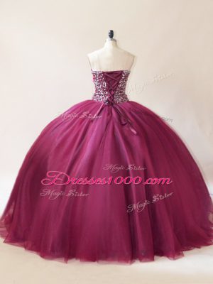 Burgundy Lace Up Sweetheart Beading 15 Quinceanera Dress Tulle Sleeveless