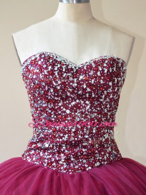 Burgundy Lace Up Sweetheart Beading 15 Quinceanera Dress Tulle Sleeveless