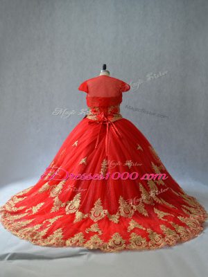 Captivating Ball Gowns Sleeveless Red Quinceanera Gowns Court Train Lace Up